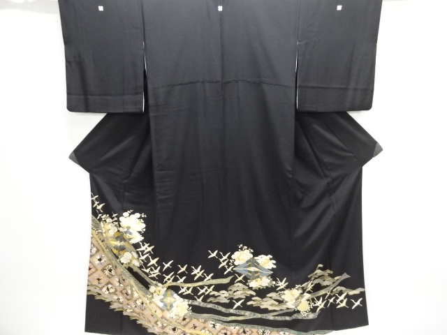 JAPANESE KIMONO / TOMESODE / EMBROIDERY / FLOWER ROUNDEL & CRANE